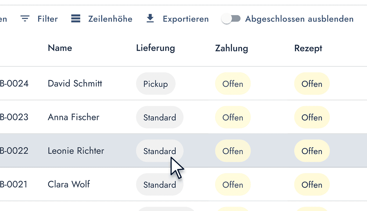 Im Bestelleingang werden Bestellungen mit dem Status zur Lieferung, Zahlung, Rezept und Bestellung selbst angezeigt.