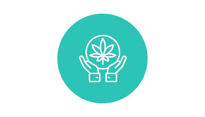 Icon representing cannabis care with hands and a leaf