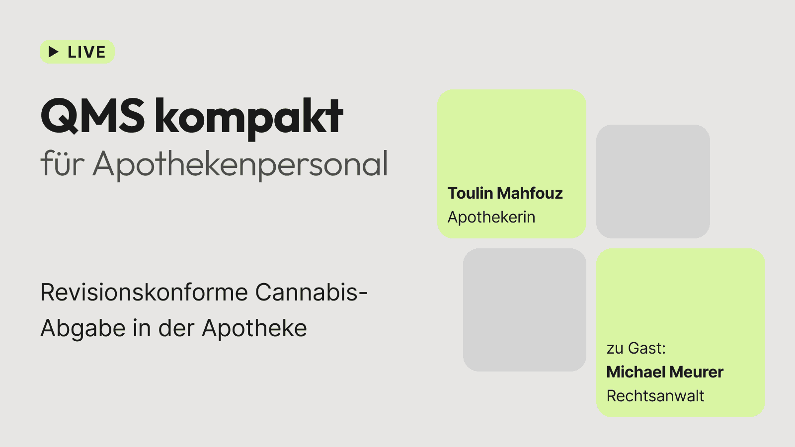 Online-Seminare: revisionskonforme Cannabis-Abgabe in der Apotheke von Toulin Mahfouz, Apothekerin und Michael Meurer, Rechtsanwalt.