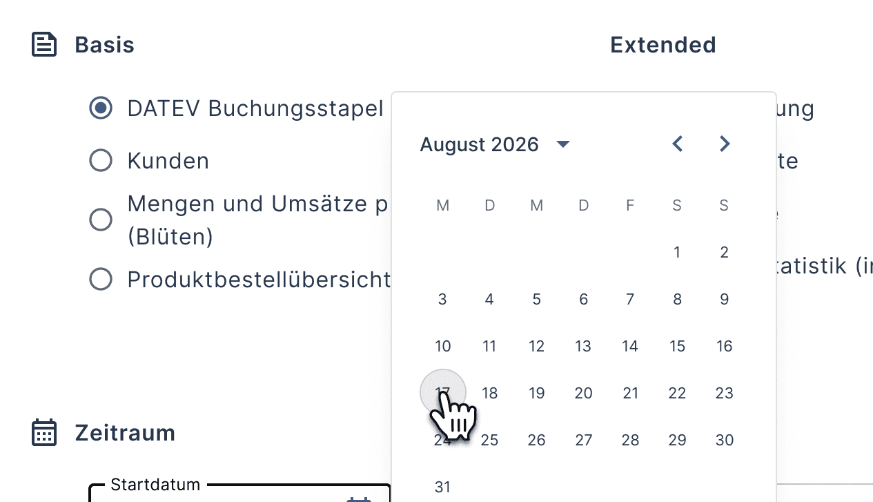 Im Exportbereich wird der Zeitraum ausgewählt, für den der ausgewählte Bericht heruntergeladen werden soll.